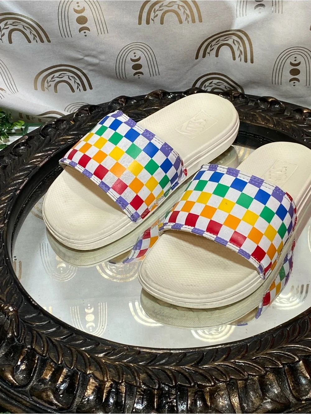Vans Rainbow Checkerboard Slide Sandals - Cream Base with Multicolor Strap
